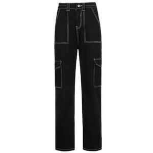 Black cargo jeans with white stitching